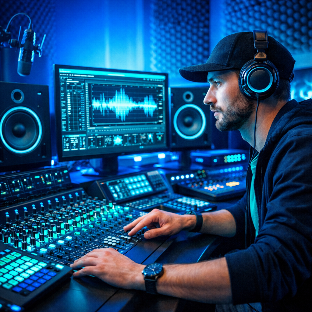 A conceptual image to represent a modern sound engineer  photophic in style should use colour palette tones including 02aaa8 and 011ccb