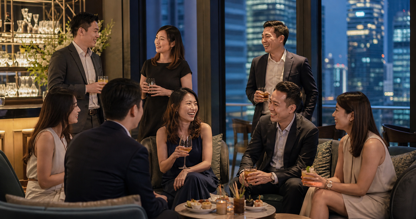 Singaporean Colleagues Networking Over Cocktails
