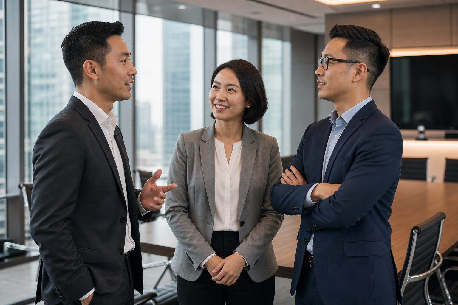 Singaporean Colleagues in Business Attire Discussing at Conference Scene