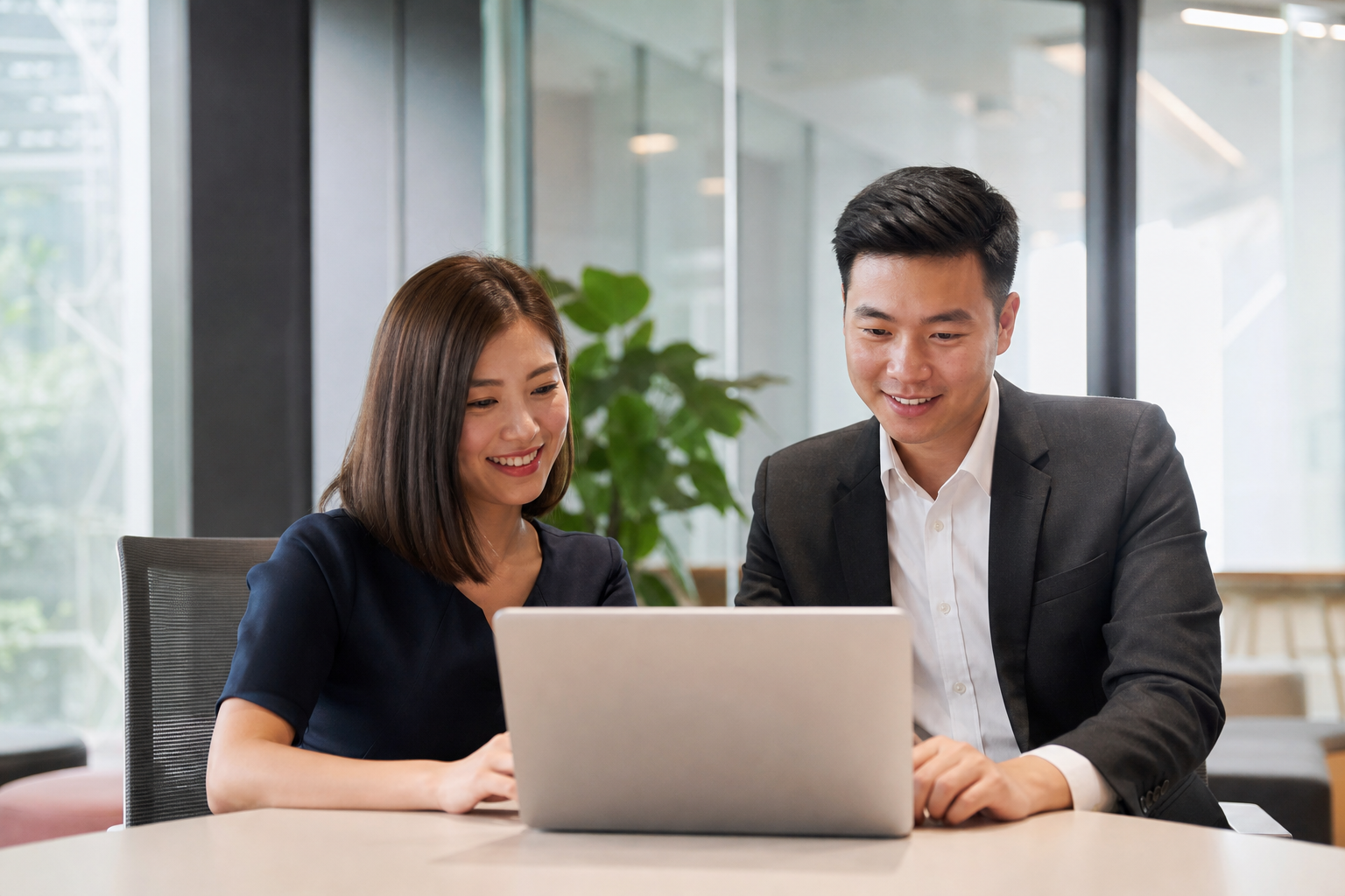 Smiling Singaporean Colleagues Collaborating At Laptop
